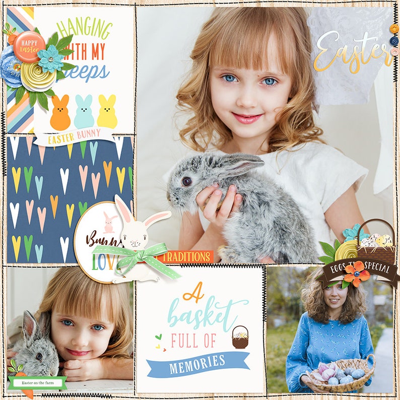 K&ouml;nnte beinhalten: Eine Scrapbook-Seite mit einer Collage aus Fotos und Verzierungen. Die Fotos zeigen ein junges M&auml;dchen, das ein Kaninchen h&auml;lt. Die Seite ist mit Osterelementen dekoriert, darunter ein Banner mit der Aufschrift "Hanging with my peeps", ein Kaninchen mit dem Text "Bunny Love" und ein Korb mit dem Text "A basket full of memories".