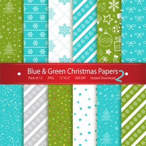 May include: Twelve digital paper designs featuring a variety of Christmas patterns in blue, green, white, and red. The patterns include snowflakes, stars, trees, stripes, polka dots, and bows. The text "Blue & Green Christmas Papers" is displayed on a red banner.