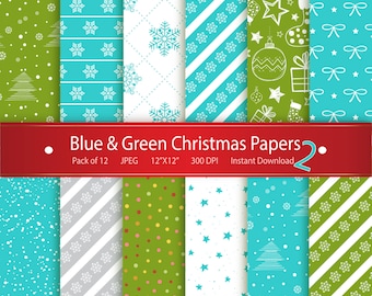 Christmas Digital Paper Blue Green Christmas Papers Digital Download Printable Paper Scrapbooking Holiday Papers Stars Snowflakes Xmas Tree