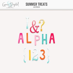May include: Colorful alphabet letters and numbers with glitter accents. The image includes the words "SUMMER TREATS ALPHAS" and the logo "Gone Digital Design Scrapbook Supply". The letters and numbers are in various colors, including pink, orange, teal, and yellow.