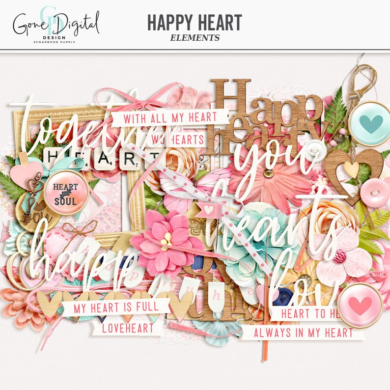 Puede incluir: Una colecci&oacute;n de elementos de scrapbooking rosa y blanco con las palabras "Happy Heart" y "With all my heart" en una fuente de madera. Los elementos incluyen corazones, flores y cintas.