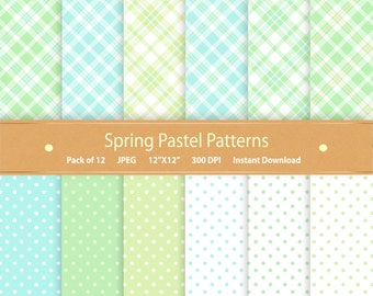Digital Paper Pack Spring Paper Pack Blau & Grün Polka Dot Pastellpapier Karomuster Kommerzielle Nutzung Digitales Scrapbook Papier Hintergründe