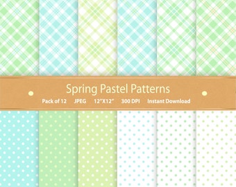 Digital Paper Pack Spring Paper Pack Blue & Green Polka Dot Pastel Paper Plaid Patterns Commercial Use Digital Scrapbook Paper Backgrounds