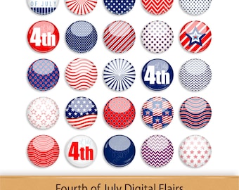 July Sticker Scrapbook Digital Flair Buttons Fourth of July 4th Invitations Party Stars & Stripes Red White Blue Element Circle Clipart