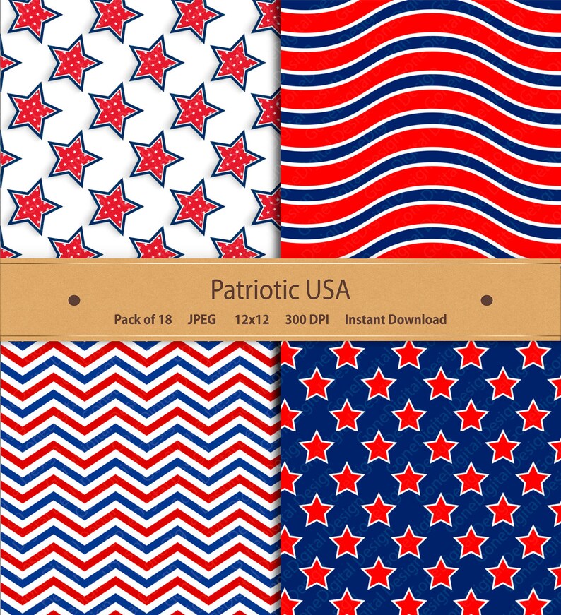 Patriotic USA Digital Paper Fourth of July America Independence Day Stars & Stripes 4th of July for scrapbooking invitations cardmaking image 2