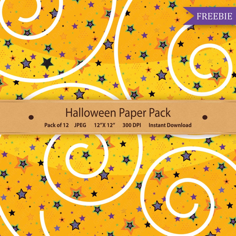 May include: A digital paper pack with a Halloween theme. The design features a yellow background with white swirls and colourful stars. The text "Halloween Paper Pack" is displayed on a brown banner.