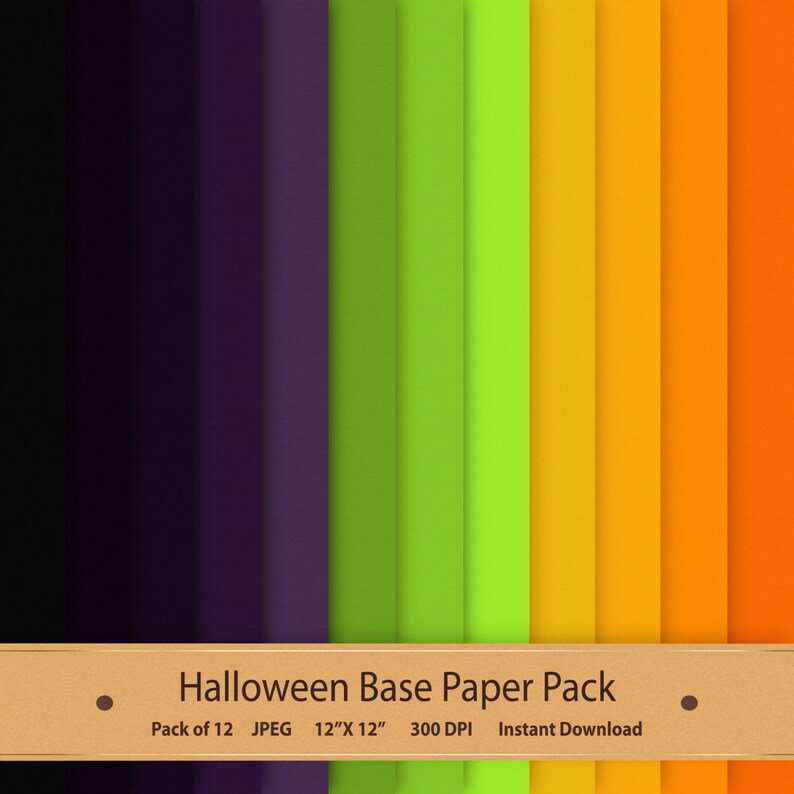 May include: A pack of 12 digital papers in Halloween colors. The papers are in shades of black, purple, green, yellow, orange, and red. The papers are 12 inches by 12 inches and 300 DPI. Halloween Base Paper Pack. Pack of 12 JPEG 12"X12" 300 DPI Instant Download.