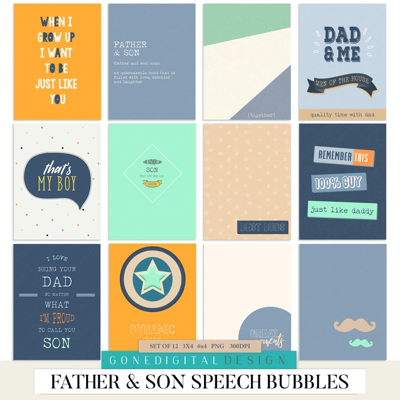 May include: A set of 12 speech bubbles featuring father and son quotes. The speech bubbles are in various colors, including blue, green, yellow, orange, and red. The text in the speech bubbles is in a variety of fonts and styles. The speech bubbles are perfect for scrapbooking, card making, and other craft projects.