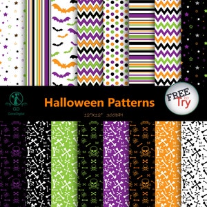 May include: Set of 12 digital Halloween patterns in various colors and designs, including bats, stars, skulls, bones, stripes, polka dots, and chevron patterns. The patterns are 12" x 12" and 300 DPI.