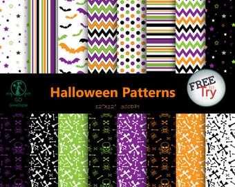 Halloween Digital Paper Pack: Skeleton, Chevrons, Stars (Digital Download)