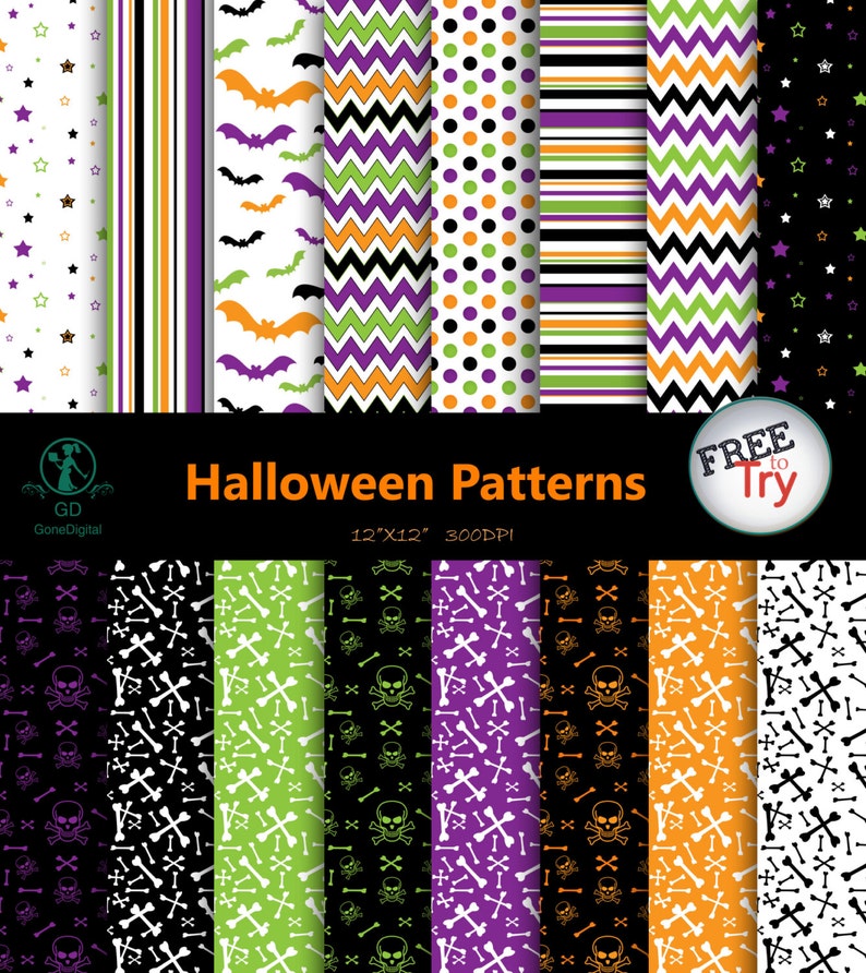 May include: Set of 12 digital Halloween patterns in various colors and designs, including bats, stars, skulls, bones, stripes, polka dots, and chevron patterns. The patterns are 12" x 12" and 300 DPI.