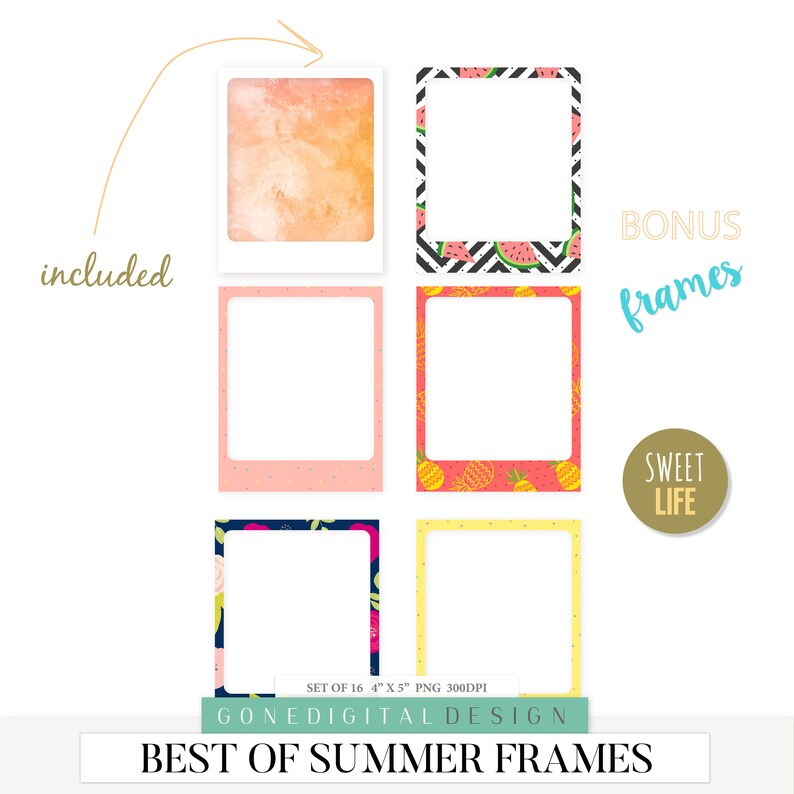May include: Set of 16 digital frames featuring summer themes. The frames are 4 inches by 5 inches and are 300 DPI. The frames include watermelon, pineapple, and floral patterns.