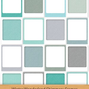 May include: Set of 16 digital frames in a winter wonderland theme. The frames are 4 inches by 5 inches and have a shimmery, glittery effect. The frames are in shades of blue, green, and gray.