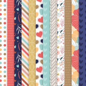 May include: A set of 10 digital paper patterns featuring various designs, including hearts, stripes, floral patterns, and geometric shapes. The patterns are in a variety of colors, including blue, pink, red, yellow, and brown.