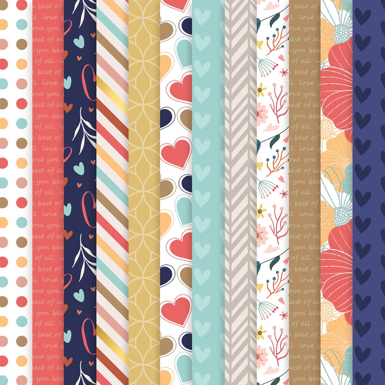 May include: A set of 10 digital paper patterns featuring various designs, including hearts, stripes, floral patterns, and geometric shapes. The patterns are in a variety of colors, including blue, pink, red, yellow, and brown.