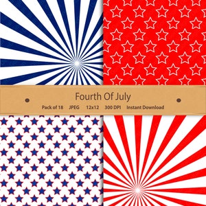 May include: A digital paper pack with four different patterns in red, white, and blue. The patterns include stars, stripes, and a sunburst design. The text "Fourth of July" is displayed on a brown banner.