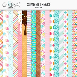 Puede incluir: Un conjunto de 16 papeles digitales con varios diseños de golosinas de verano, incluyendo conos de helado, paletas de hielo y remolinos. Los papeles son de varios colores, incluyendo rosa, azul, amarillo y verde. Los papeles son perfectos para scrapbooking, creación de tarjetas y otros proyectos de manualidades.