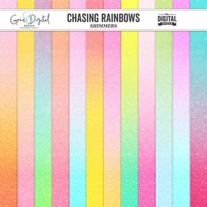 May include: A digital paper pack with 16 different rainbow gradient patterns. The patterns are all shimmery and have a glittery texture. The text "Chasing Rainbows Shimmers" is at the top of the image.