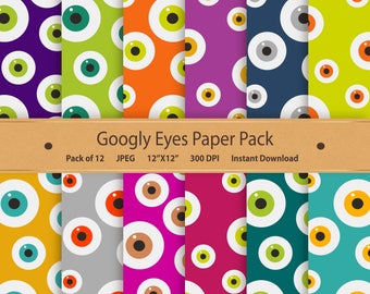 Googly Eyes Digital Scrapbook Papers Halloween Paper Pack Halloween Pattern Halloween Scrapbook Monster Eyes Purple Orange Green Eyeball