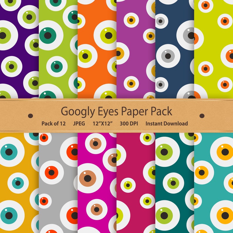 Googly Eyes Digital Scrapbook Papers Halloween Paper Pack Halloween Pattern Halloween Scrapbook Monster Eyes Purple Orange Green Eyeball image 1