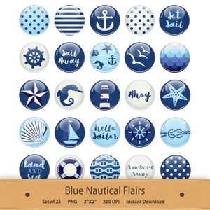 Pu&ograve; includere: Set di 25 immagini digitali clipart a tema nautico blu e bianco. Ogni immagine &egrave; un cerchio con un design diverso, come un'ancora, una conchiglia, un faro, una stella marina e una barca a vela. Il testo "Set Sail" e "Land and Sea" sono inclusi nel set.
