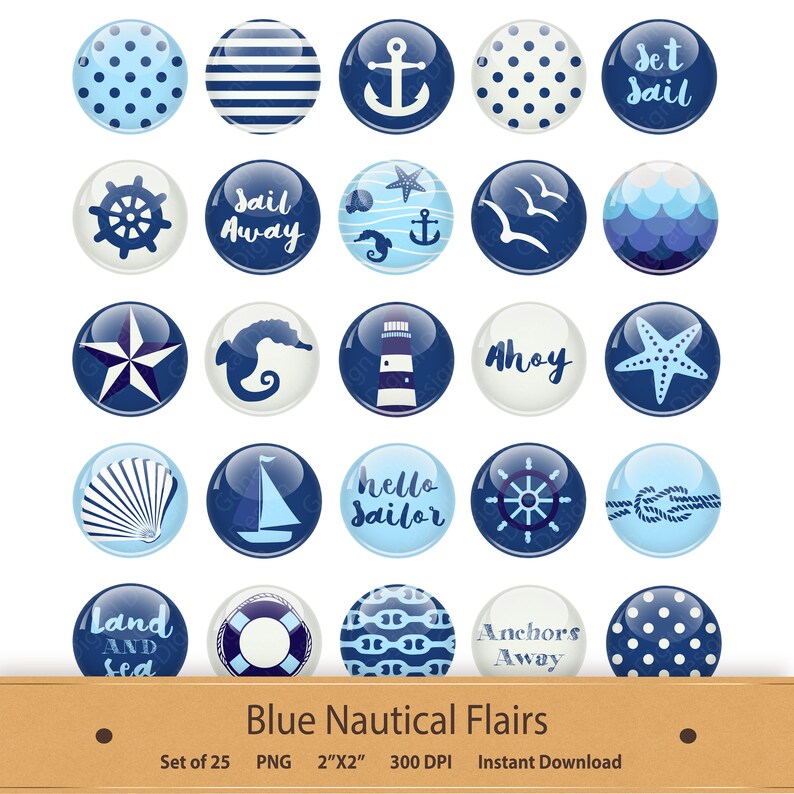 Pu&ograve; includere: Set di 25 immagini digitali clipart a tema nautico blu e bianco. Ogni immagine &egrave; un cerchio con un design diverso, come un'ancora, una conchiglia, un faro, una stella marina e una barca a vela. Il testo "Set Sail" e "Land and Sea" sono inclusi nel set.