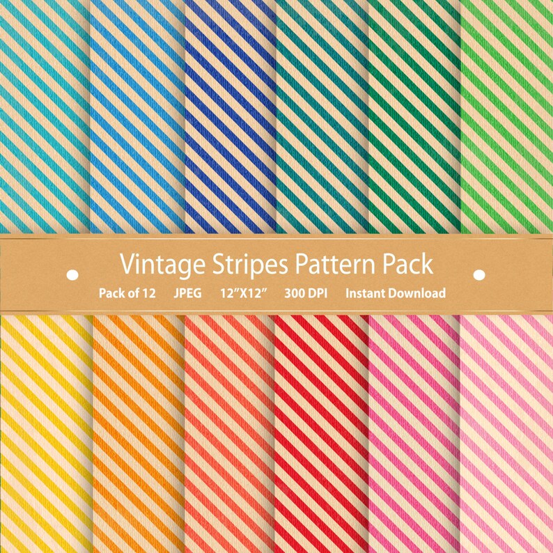 May include: A pack of 12 digital paper patterns featuring vintage stripes in various colors. Each pattern is 12 inches by 12 inches and 300 DPI. The text "Vintage Stripes Pattern Pack" is displayed at the top of the image.