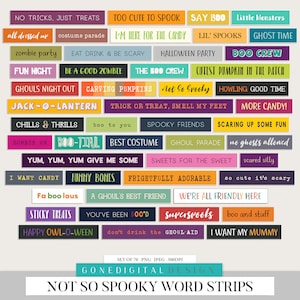 K&ouml;nnte beinhalten: Ein Set mit 70 bunten Halloween-Wortstreifen mit S&auml;tzen wie "Boo Crew", "Nicht so gruselig", "Trick or Treat, Smell My Feet" und "Happy Owl-O-Ween".