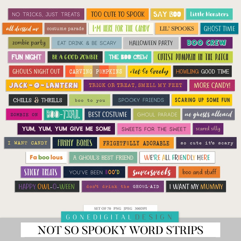 K&ouml;nnte beinhalten: Ein Set mit 70 bunten Halloween-Wortstreifen mit S&auml;tzen wie "Boo Crew", "Nicht so gruselig", "Trick or Treat, Smell My Feet" und "Happy Owl-O-Ween".
