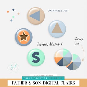 May include: Set of 25 digital graphic design elements, featuring a variety of shapes and colors. The elements are in the form of circles with a 3D effect. The colors include blue, green, orange, brown, and gray. The text "Bonus Flairs!" is included in the image.