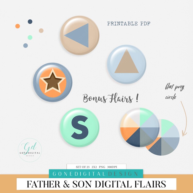 May include: Set of 25 digital graphic design elements, featuring a variety of shapes and colors. The elements are in the form of circles with a 3D effect. The colors include blue, green, orange, brown, and gray. The text "Bonus Flairs!" is included in the image.