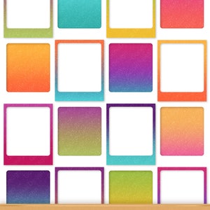 Puede incluir: Conjunto de 16 marcos digitales de degradado brillante en varios colores, cada uno mide 10,16 cm por 12,7 cm. Los marcos tienen una textura brillante y son perfectos para agregar un toque de brillo a tus proyectos digitales.