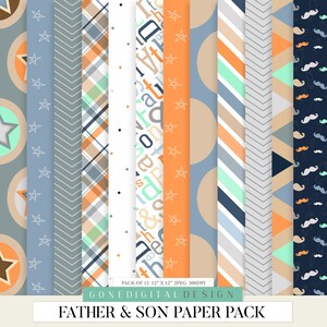 May include: A digital paper pack with 12 different patterns in blue, orange, white, and gray. The patterns include stars, stripes, plaid, polka dots, and chevron designs. The text "PACK OF 12 12" X 12" JPEG 300DPI" and "GONEDIGITAL DESIGN FATHER & SON PAPER PACK" is included in the image.