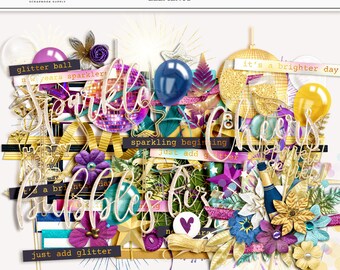 New Year Glitter Clipart: Scrapbook PNG Elements (Digital Download)