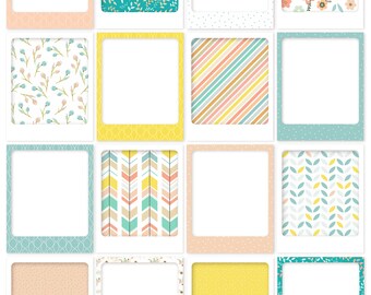 May include: A collection of sixteen digital frames with various patterns and colors, including floral, striped, and dotted designs. The frames are in pastel shades of pink, yellow, and blue, with white inner spaces. Text at the bottom reads "HELLO SPRING DIGITAL FRAMES".