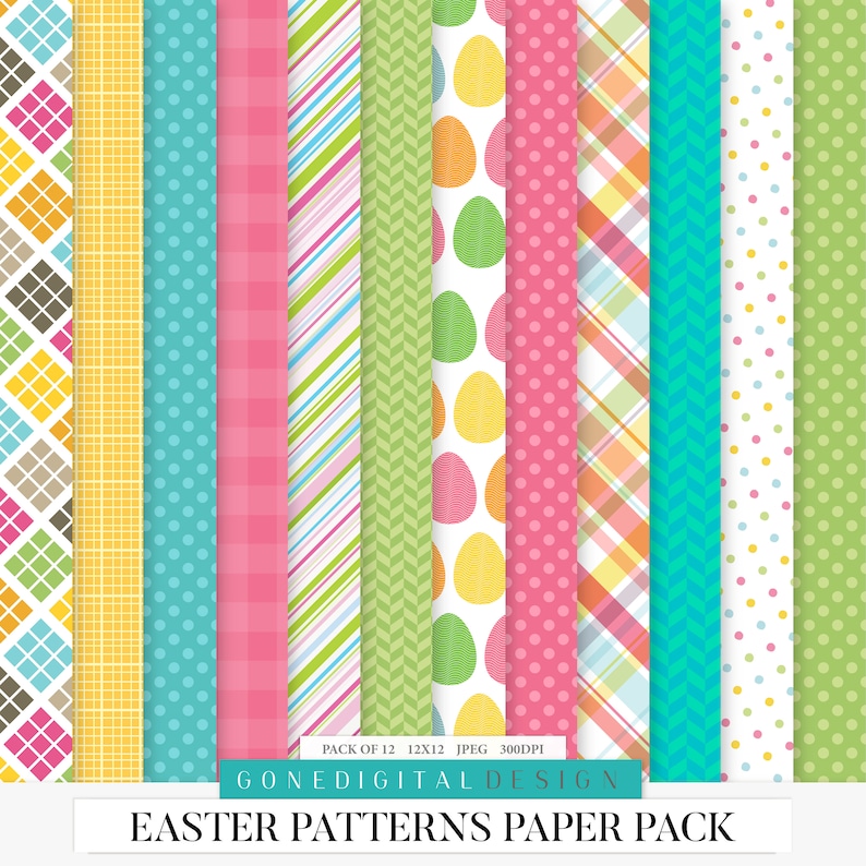 May include: A set of 12 digital paper patterns featuring Easter-themed designs. The patterns include a variety of colors and textures, such as pink, green, yellow, blue, and white. The patterns are perfect for creating Easter crafts, cards, and other projects.