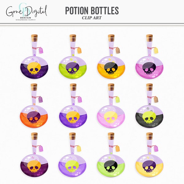 Potion Bottles Clipart Digital Halloween Stickers Magic Potion Halloween Clip Art PDF Halloween Stamps Potion Jar Spell Witch Clip Art SVG