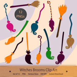 May include: A set of 12 digital clip art images of witches' brooms in various colors and styles. The brooms have different colored handles and bristles, including orange, green, purple, and brown.