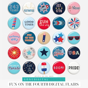 May include: Set of 25 digital clipart images featuring red, white, and blue designs for the Fourth of July.  The designs include fireworks, stars, flags, and text such as "Fun on the Fourth", "USA", "Boom!" and "Pride!"
