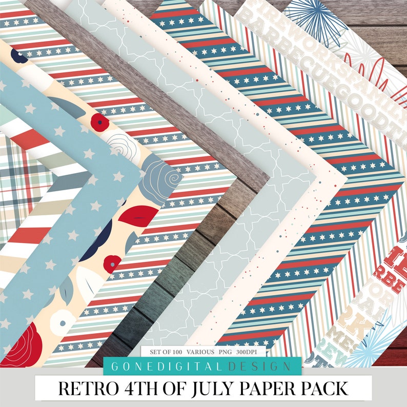 May include: A set of 100 digital paper designs in various patterns featuring red, white, and blue colors. The patterns include stripes, stars, plaid, and floral designs. The text "SET OF 100 VARIOUS PNG 300DPI" and "GONEDIGITAL DESIGN" is visible at the bottom of the image. The text "RETRO 4TH OF JULY PAPER PACK" is visible at the bottom of the image.
