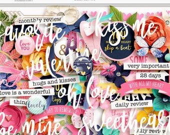 Love Digital Scrapbook Elements Valentine Clipart Digital Word Art Phrases Valentine Motifs Hearts Clipart Digital Valentine Stickers Pink