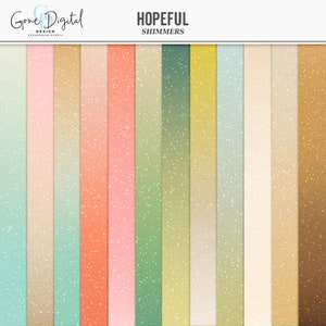 May include: A set of 12 digital paper backgrounds with a shimmery, speckled texture. The colours are a gradient of light blue, peach, pink, green, yellow, and beige.