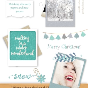 May include: A set of 16 digital winter wonderland themed graphics in PNG format. The graphics include a snowy forest scene, a winter wonderland quote, a snowflake, a paper clip, and a photo frame with a woman smiling. The graphics are 4 inches by 5 inches and 300 DPI.