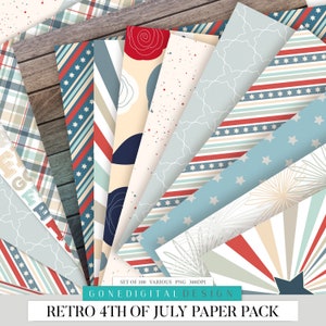 May include: A set of 100 digital paper patterns in various designs featuring red, white, and blue colors, stars, stripes, and geometric shapes. The papers are perfect for scrapbooking, card making, and other crafting projects.  The text "SET OF 100 VARIOUS PNG 300DPI" and "GONEDIGITAL DESIGN" is visible in the image.  The text "RETRO 4TH OF JULY PAPER PACK" is also visible in the image.