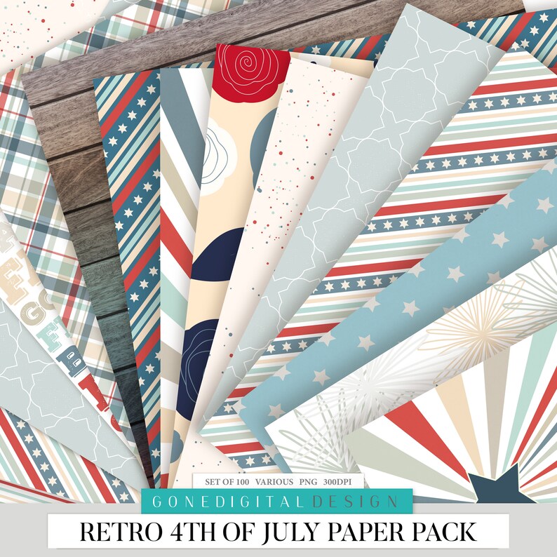 May include: A set of 100 digital paper patterns in various designs featuring red, white, and blue colors, stars, stripes, and geometric shapes. The papers are perfect for scrapbooking, card making, and other crafting projects.  The text "SET OF 100 VARIOUS PNG 300DPI" and "GONEDIGITAL DESIGN" is visible in the image.  The text "RETRO 4TH OF JULY PAPER PACK" is also visible in the image.