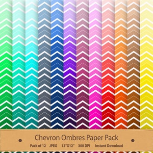 K&ouml;nnte beinhalten: Ein Pack mit 12 digitalen Papierdesigns mit Chevron-Mustern in Ombre-Farben. Jedes Design ist 30,48 cm x 30,48 cm gro&szlig; und hat 300 DPI. Der Text "Chevron Ombres Paper Pack" befindet sich am unteren Rand des Bildes.