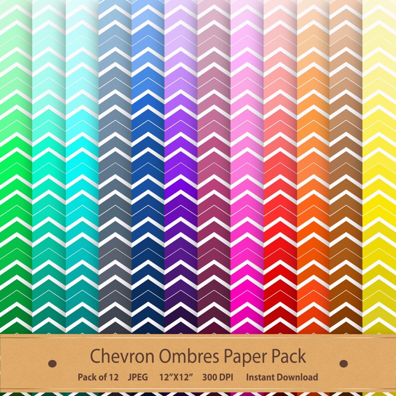 K&ouml;nnte beinhalten: Ein Pack mit 12 digitalen Papierdesigns mit Chevron-Mustern in Ombre-Farben. Jedes Design ist 30,48 cm x 30,48 cm gro&szlig; und hat 300 DPI. Der Text "Chevron Ombres Paper Pack" befindet sich am unteren Rand des Bildes.