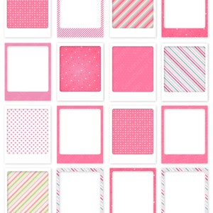 May include: Set of 16 printable photo frames with pink and white stripes, hearts, and glitter patterns. The frames are 4 inches by 5 inches and 300 DPI.