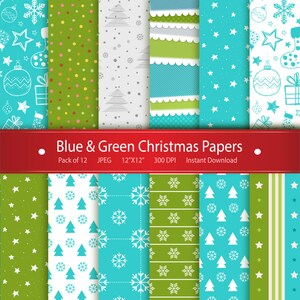 May include: Twelve digital paper designs featuring Christmas themes in blue and green. The designs include snowflakes, stars, Christmas trees, and ornaments. The papers are 12 inches by 12 inches and 300 DPI.