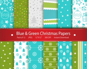 Christmas Pack Blue & Green Christmas Tree Paper Snow Digital Paper Scrapbook Printable Christmas Bauble Snowflakes Paper Santa Stockings